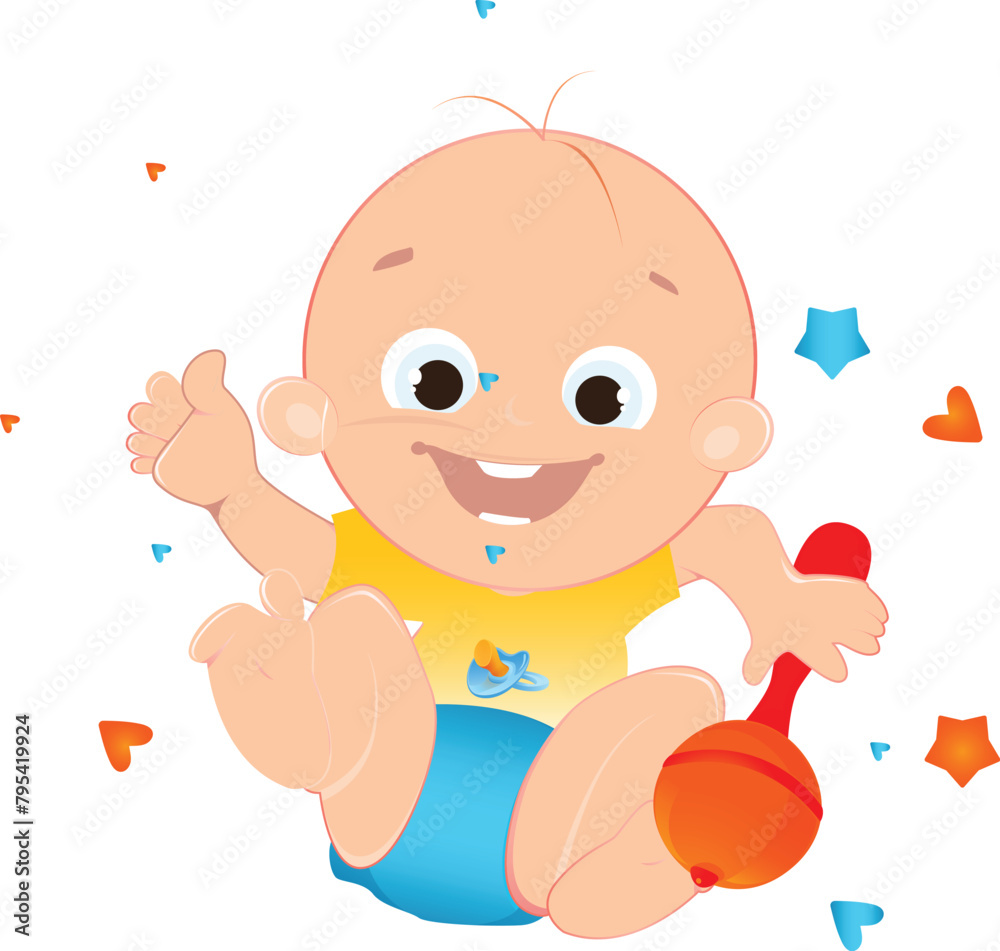 Cute funny toys for kids, babies. Nursery and kindergarten train, horse, teddy bear composition. Preschool stuff, xylophone, rattle and dinosaur. flat vector illustration Cute funny toys for kids, babies. Nursery and kindergarten train, horse, teddy bear composition. Preschool stuff, xylophone, rattle and dinosaur. flat vector illustration