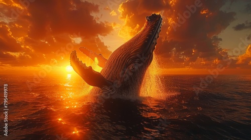 A whale jumping out of the water at sunset photo