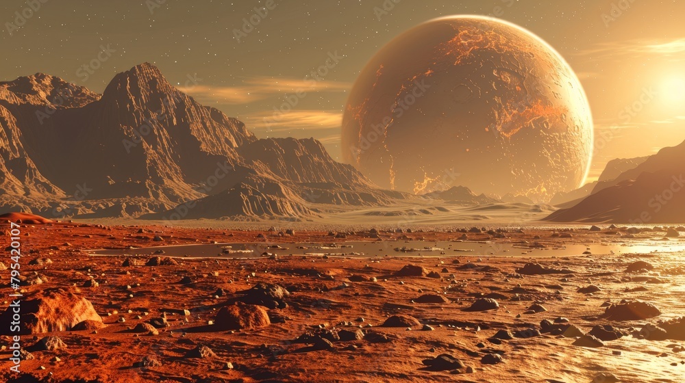 Planet: A realistic 3D depiction of Mars, featuring its rusty red surface and rugged terrain