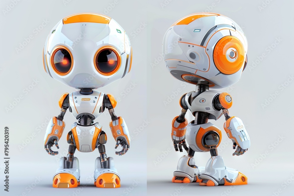 Naklejka premium Front and back angle view of futuristic robots in different poses, highlighting their sleek design and humanoid features.