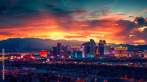 A cityscape with a large tower in the background. The sky is a mix of colors, including red and blue. The city is lit up with neon lights, creating a vibrant and lively atmosphere photo