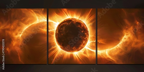 Three panel wall art sequence of a total solar eclipse from partial to total and back photo
