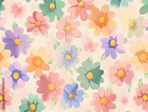 A seamless pattern of colorful flowers of various sizes on a light background.