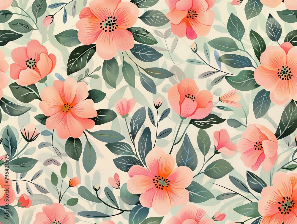 A seamless pattern of pink and coral flowers with green leaves on a light background. A seamless pattern of pink and coral flowers with green leaves on a light background.