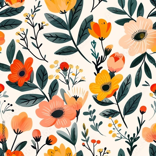 A seamless pattern of hand-painted flowers and leaves in a folk art style. The flowers are orange  yellow  and pink  with green leaves. The background is white.