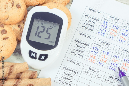 Glucometer with high sugar level, cookies and medical form. Measuring and checking sugar level