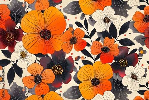 A seamless pattern of orange and white flowers with black outlines.