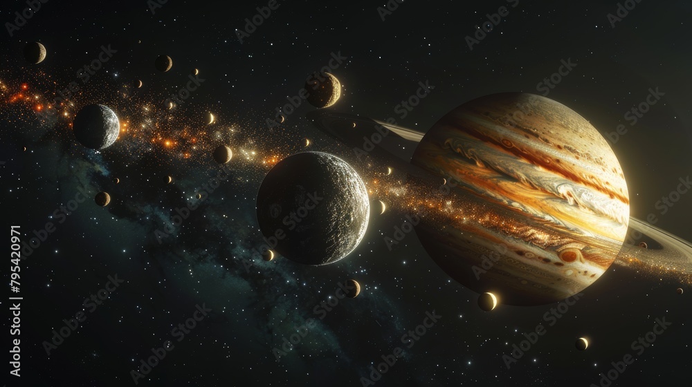 Solar System: An artistic interpretation of the moons orbiting around a gas giant planet Solar System: An artistic interpretation of the moons orbiting around a gas giant planet