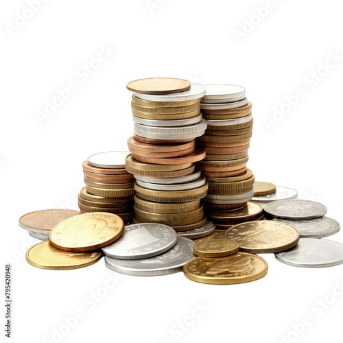 A pile of euro coins and scattered coins on a white background photo