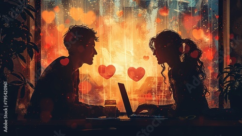 Show two people connecting through a video call with cartoonish hearts and hugs popping up between them