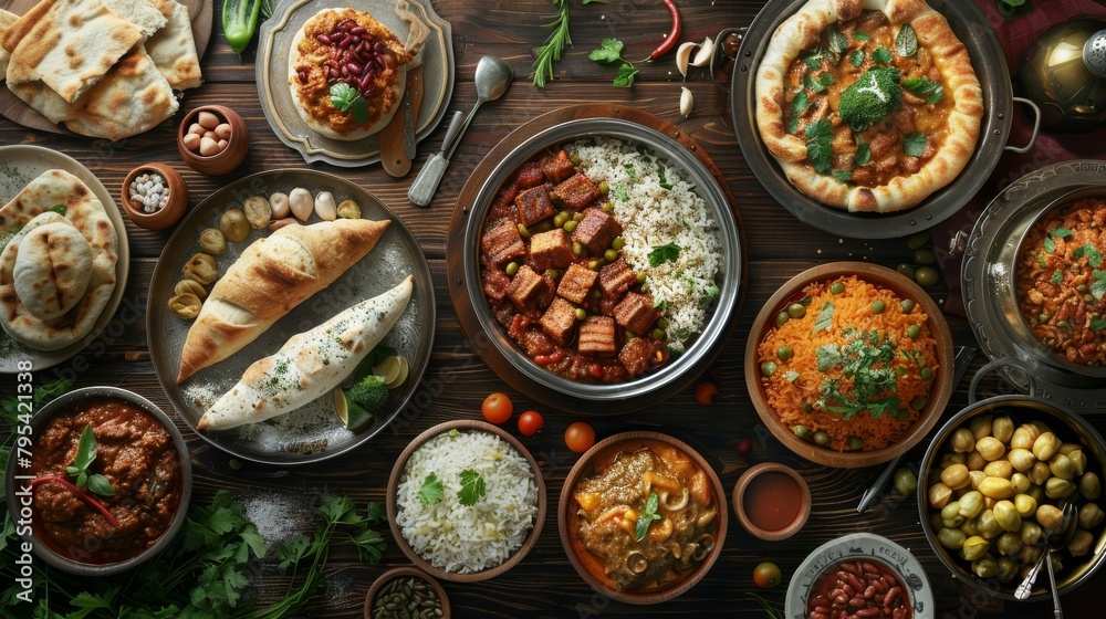A wooden table filled with various Indian food. A wooden table filled with various Indian food.