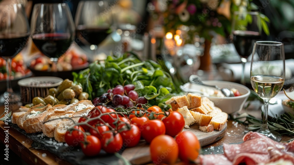 A wooden table full of delicious food and drinks, including wine, grapes, tomatoes, and bread. A wooden table full of delicious food and drinks, including wine, grapes, tomatoes, and bread.