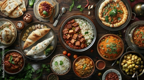 A wooden table filled with various Indian food.