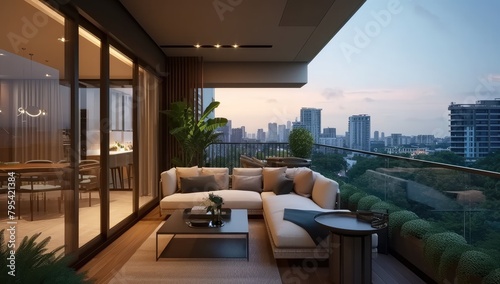 Cityscape Haven: Apartment Condominium Interior Design Living Room with Urban Balcony Terrace