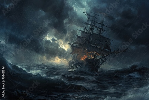 Dark stormy seas ship outdoors vehicle.
