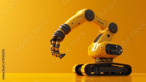 A yellow robotic arm on a black track against a yellow background.