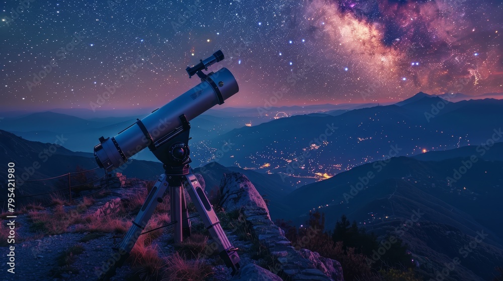 Telescope: A photo of a telescope on a mountaintop observatory,