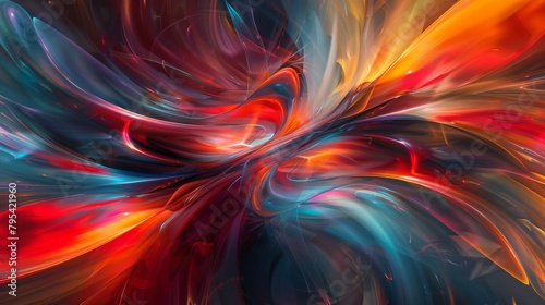 Abstract painting with vibrant red, orange, yellow, green, blue, and purple colors.