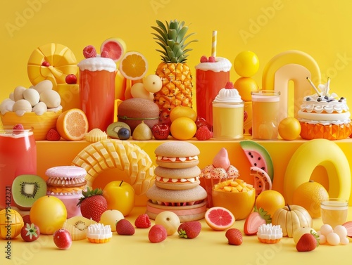 An abundance of yellow food items on a yellow background. photo