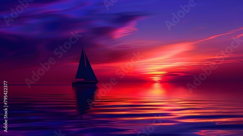 Tranquil Sea's Mysterious Sailboat Silhouette at Dusk photo