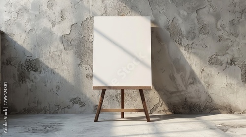 An empty wooden easel with a blank canvas stands in a large, dim room with a rough concrete wall.