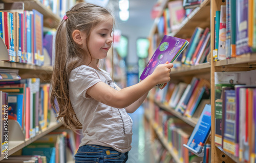 A girl is reaching for books on a shelf in her school library, smiling and looking happy as she stretches out to pick one up