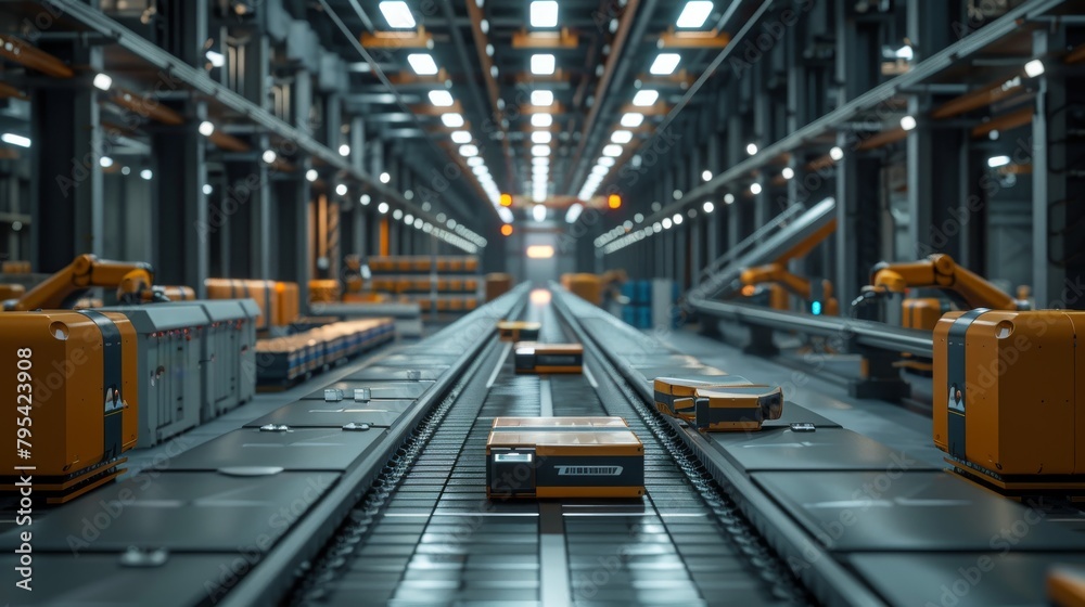 An illustration of a factory with a conveyor belt and robotic arms. An illustration of a factory with a conveyor belt and robotic arms.