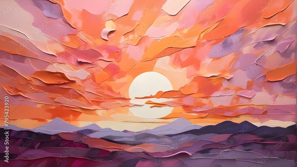 Layers of radiant magenta, fiery orange, and tranquil lavender intertwine in an abstract portrayal capturing the vibrant essence of a sunset-painted sky, sharply defined. 