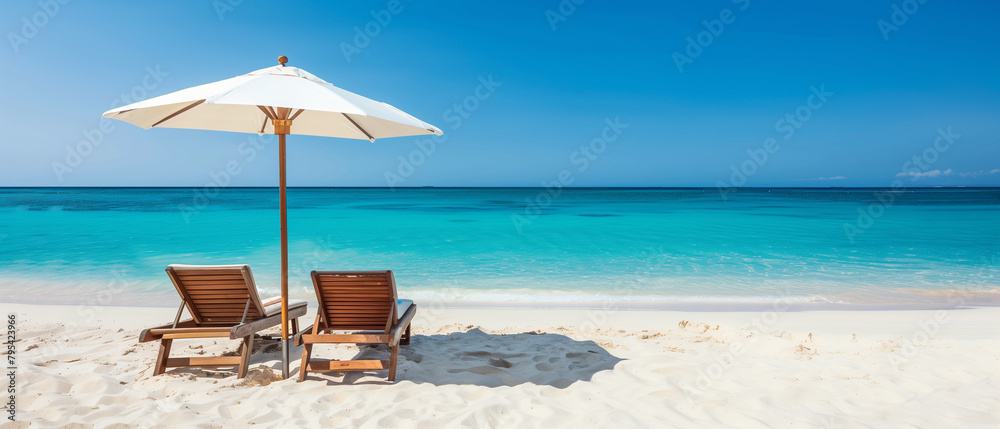 Loungers and Umbrella on Tropical Beach, Elegant Beach Lounging Scene