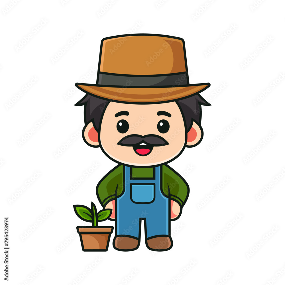 cartoon of farmer with plant