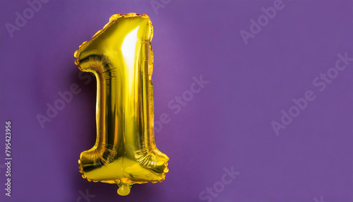 Banner with number 1 golden balloon. One year anniversary celebration. Bright purple background.