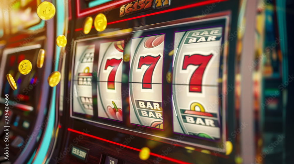 A slot machine with three reels and a bar that says A slot machine with three reels and a bar that says