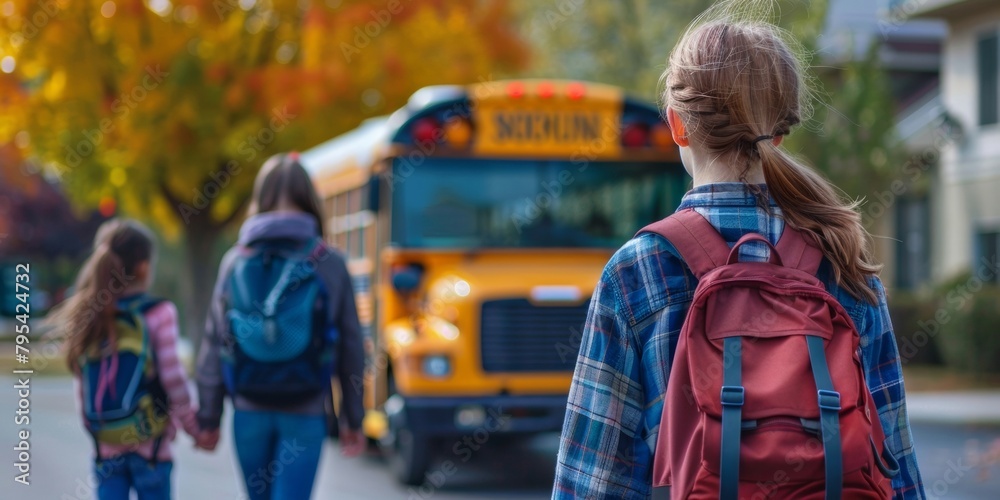 Children Walking to a School Bus, View from Behind - Educational Sector, Transportation Services. Children Walking to a School Bus, View from Behind - Educational Sector, Transportation Services.
