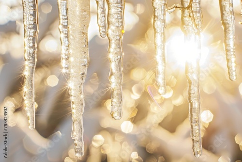 Glistening icicles hanging against a soft transparent white surface, symbolizing cold beauty