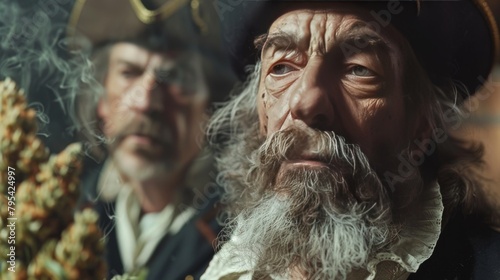 An old pirate captain is smoking a blunt. He has a long beard and a weathered face. He is wearing a hat and a coat. photo