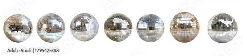 Silver disco mirror balls collection isolated isolated on transparent background. 