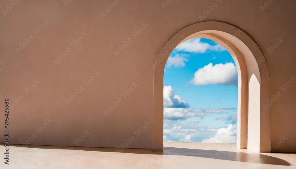 architectural arch with fluffy clouds surreal magical conceptual interior room in pastel colors minimalistic background showcase for advertising