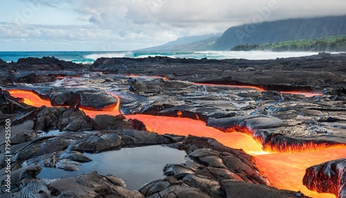 red orange vibrant molten lava flowing onto grey lavafield and glossy rocky land near hawaiian volcano with vog on background photo
