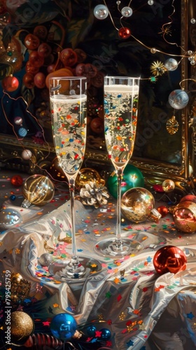 Two champagne glasses sitting on a table with confetti. Christmas holiday background . Vertical background 
