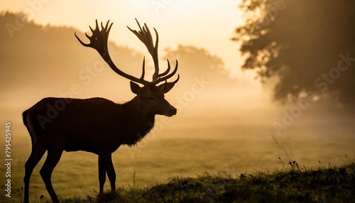 red deer silhouette in the morning mist