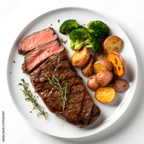 A steak meat served on a simple white plate top view isolated on white background