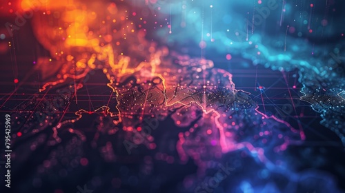 Artistic rendering of a glowing 3D world map with blue and orange lights.