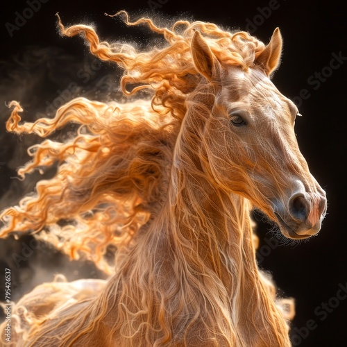 A beautiful wild horse with long flowing hair running free in the open field