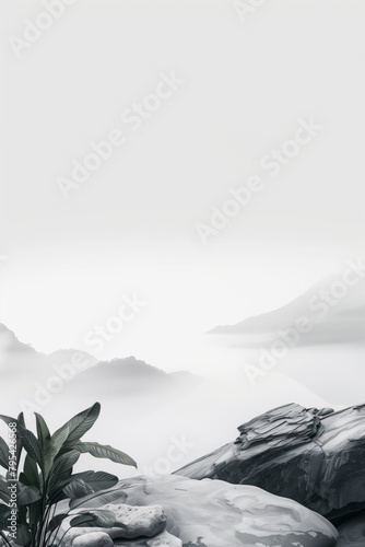 Tropical palm leaves, shadows and stones in monochrome grey gradient, minimal...
