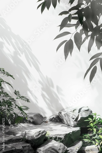 Tropical palm leaves, shadows and stones in monochrome grey gradient, minimal...