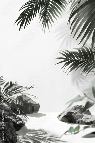 Tropical palm leaves, shadows and stones in monochrome grey gradient, minimal...