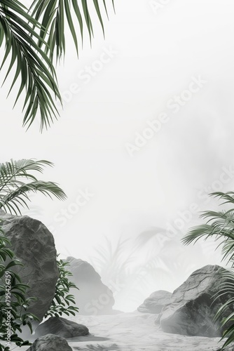 Tropical palm leaves, shadows and stones in monochrome grey gradient, minimal...