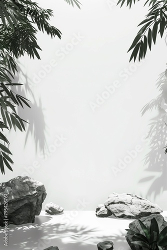 Tropical palm leaves, shadows and stones in monochrome grey gradient, minimal...