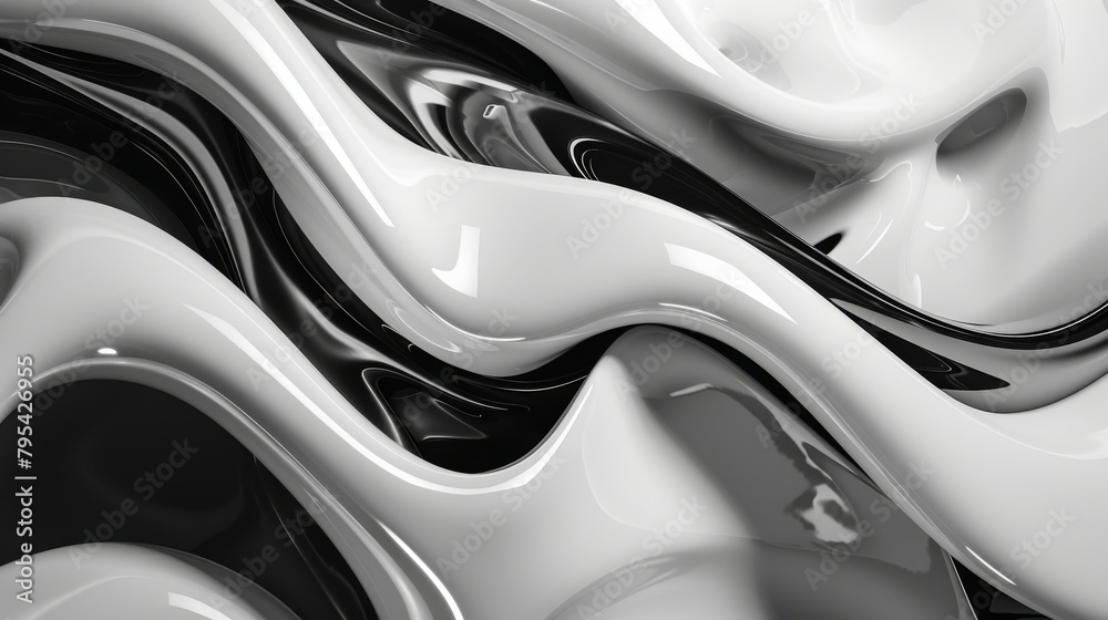 Black and white abstract painting with smooth shapes