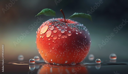 A red apple with water droplets on it is sitting on a reflective surface.